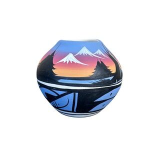 Southwest Native American Style Pottery Vase Hand Painted Mountain Sunset Signed